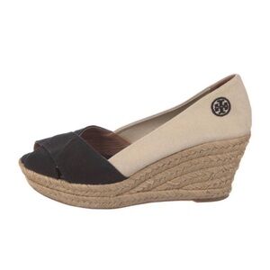 Tory Burch Filipa Espadrilles Canvas peep toe wedge sandal size:9B black beige